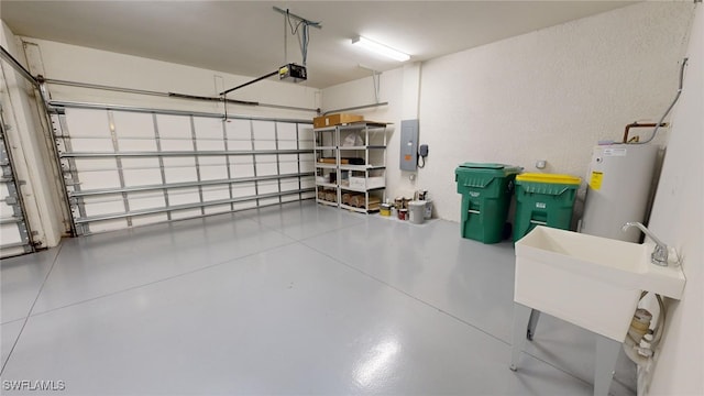 garage with electric water heater, electric panel, and a garage door opener