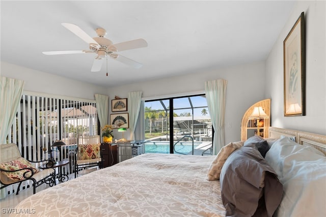 bedroom with access to exterior and ceiling fan