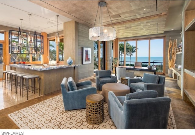 interior space with a water view
