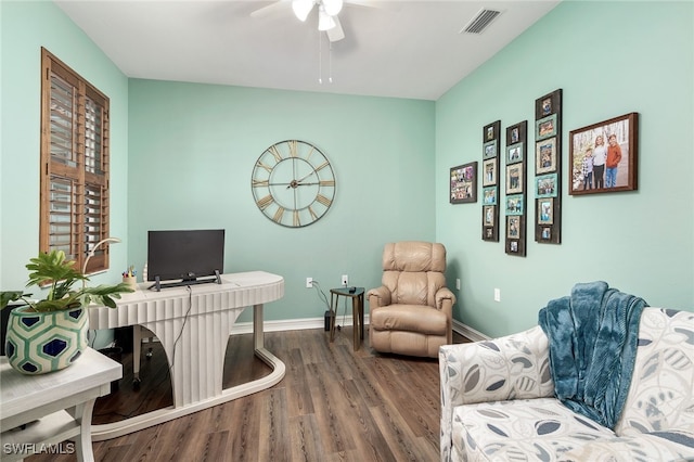 office featuring wood-type flooring and ceiling fan