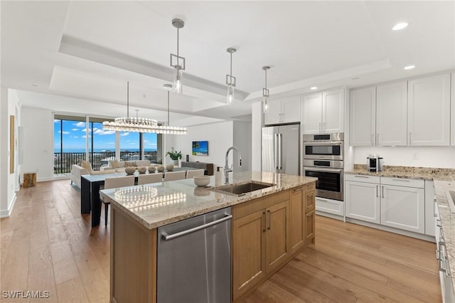 kitchen with sink, stainless steel appliances, a tray ceiling, white cabinets, and a center island with sink