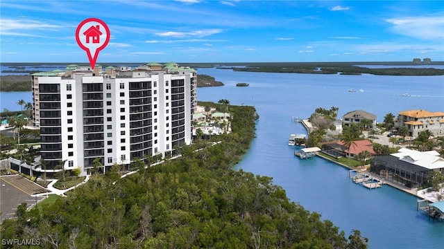 drone / aerial view featuring a water view