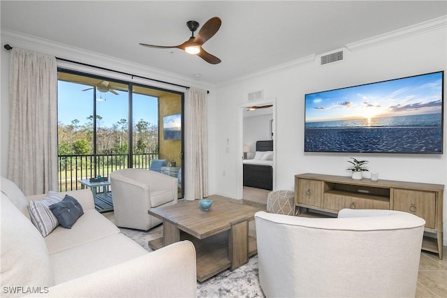 tiled living room with crown molding