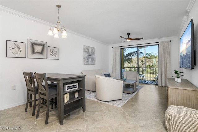 dining area with tile patterned flooring, ceiling fan with notable chandelier, and crown molding