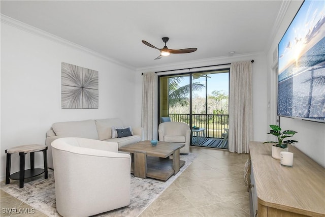 tiled living room with ceiling fan and ornamental molding