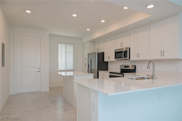 kitchen with a center island, sink, appliances with stainless steel finishes, white cabinetry, and kitchen peninsula