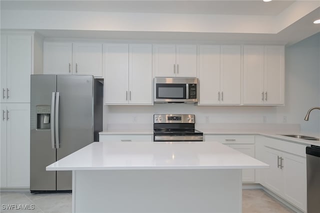 kitchen with white cabinets, a kitchen island, and stainless steel appliances