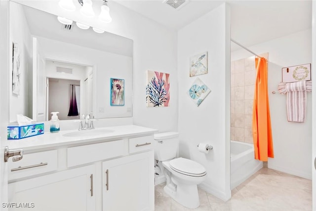 full bathroom featuring shower / bath combination with curtain, visible vents, vanity, and toilet