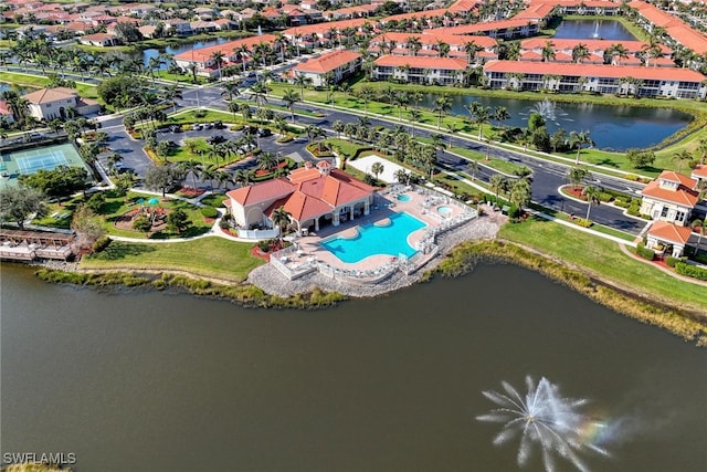 drone / aerial view featuring a water view