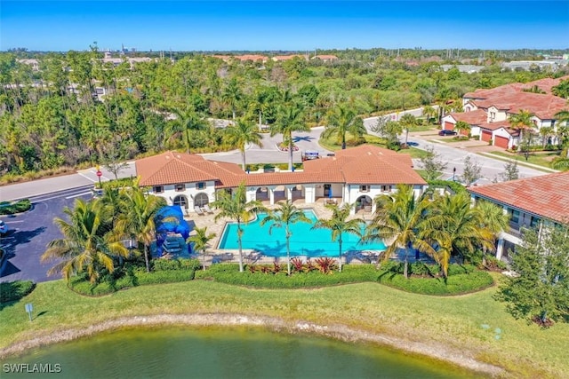 drone / aerial view featuring a water view