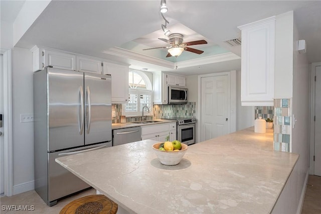 kitchen featuring white cabinets, backsplash, a raised ceiling, and stainless steel appliances