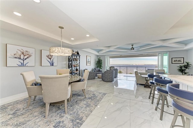 1425 Park Beach Cir Unit 149, Punta Gorda, FL 33950 - dining space featuring light marble finish floors, recessed lighting, a ceiling fan, and coffered ceiling