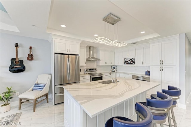 kitchen with white cabinetry, sink, stainless steel appliances, wall chimney range hood, and a raised ceiling