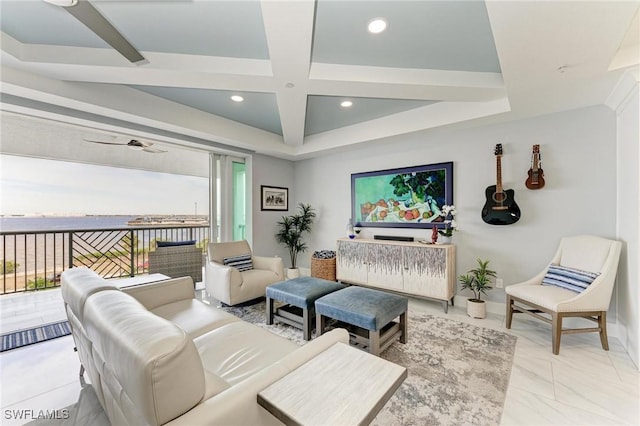 living room with beamed ceiling and coffered ceiling