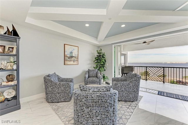 1425 Park Beach Cir Unit 149, Punta Gorda, FL 33950 - sitting room with coffered ceiling, light marble finish floors, recessed lighting, a ceiling fan, and baseboards