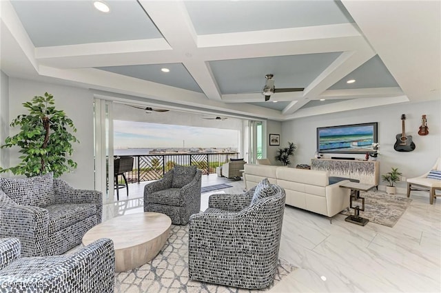 1425 Park Beach Cir Unit 149, Punta Gorda, FL 33950 - living room with a ceiling fan, coffered ceiling, beam ceiling, and light marble finish flooring