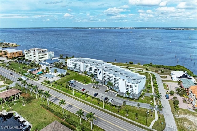 bird's eye view with a water view