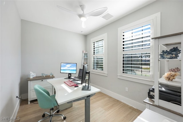 office space with ceiling fan and light wood-type flooring