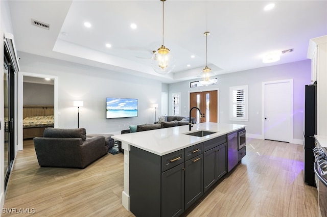 kitchen featuring sink, a tray ceiling, light hardwood / wood-style floors, and a center island with sink