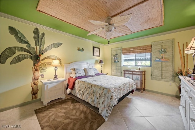 tiled bedroom featuring ceiling fan, crown molding, and wooden ceiling