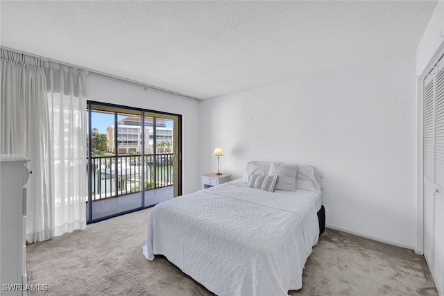 carpeted bedroom with access to exterior, a closet, and a textured ceiling