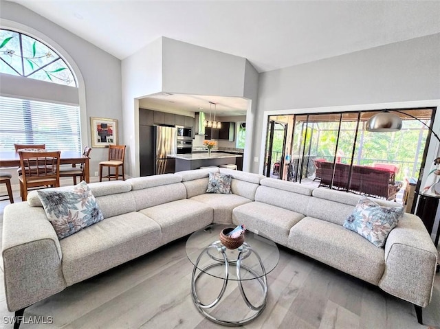 living room with vaulted ceiling and hardwood / wood-style floors