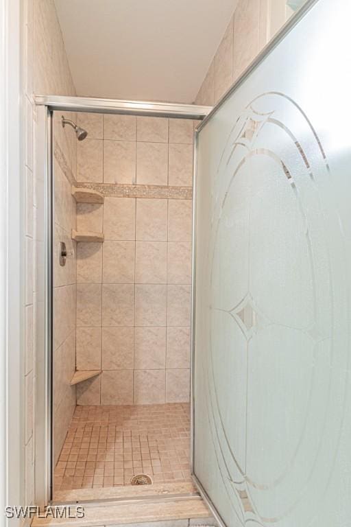 bathroom with a shower with shower door