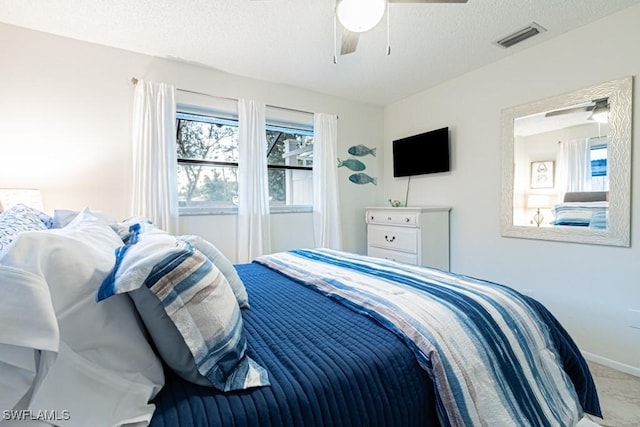 bedroom featuring a textured ceiling and ceiling fan