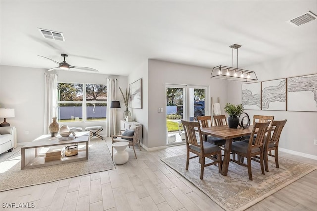 dining area with ceiling fan and light hardwood / wood-style floors