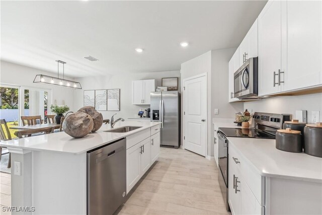 kitchen featuring appliances with stainless steel finishes, white cabinetry, a kitchen island with sink, and sink