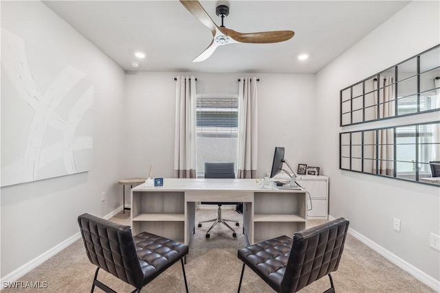 home office with light carpet, ceiling fan, recessed lighting, and baseboards