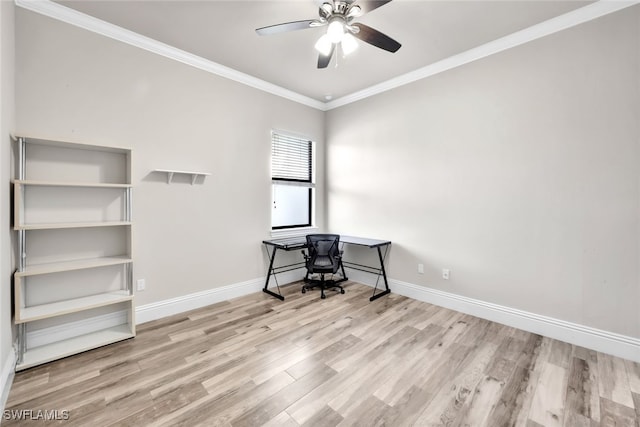 unfurnished office featuring light wood-type flooring, ceiling fan, and ornamental molding