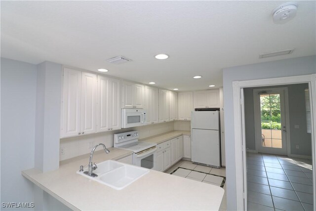 kitchen with white cabinetry, sink, kitchen peninsula, white appliances, and light tile patterned floors