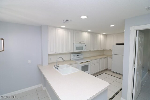 kitchen featuring white cabinetry, sink, light tile patterned flooring, and white appliances