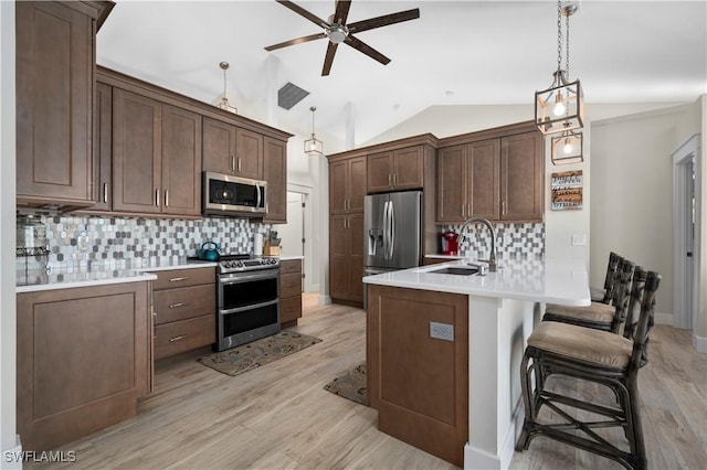 kitchen with dark brown cabinets, sink, stainless steel appliances, and lofted ceiling