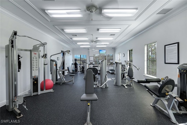 workout area featuring ceiling fan