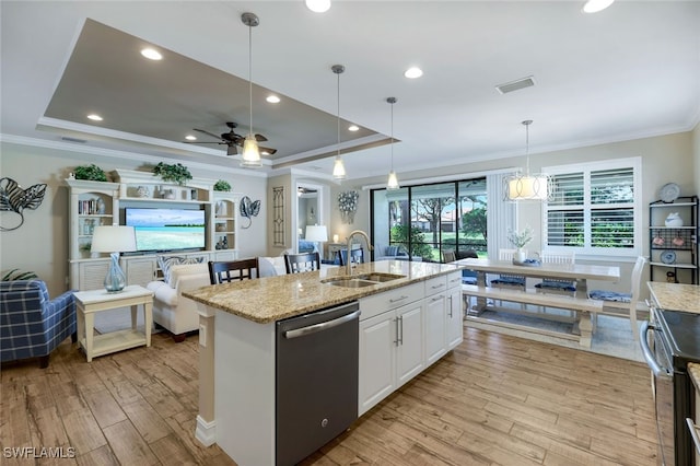 kitchen with sink, white cabinetry, stainless steel appliances, and a tray ceiling