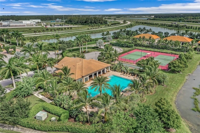 aerial view featuring a water view