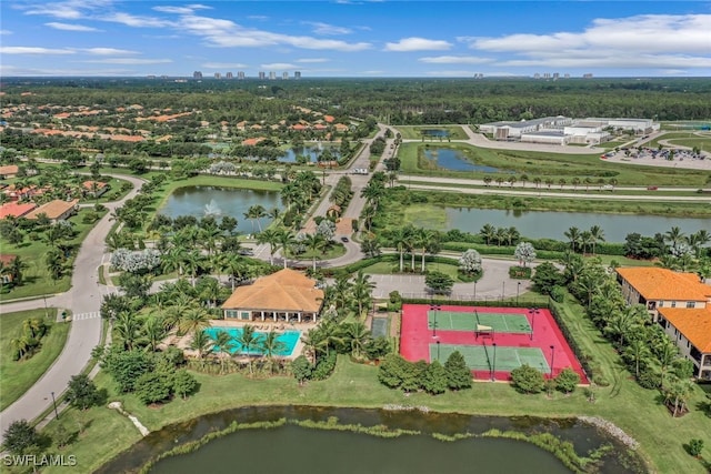 aerial view featuring a water view