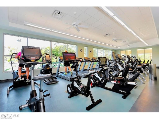 workout area with ceiling fan