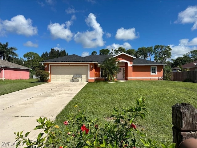 ranch-style house featuring a front yard and a garage