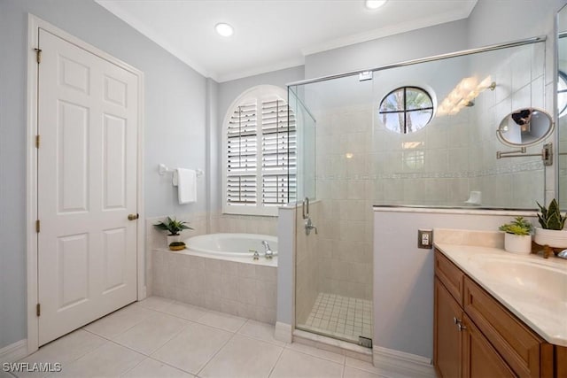 bathroom with crown molding, tile patterned floors, vanity, and plus walk in shower