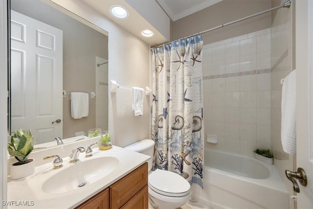 full bath with toilet, ornamental molding, shower / bath combo with shower curtain, and vanity