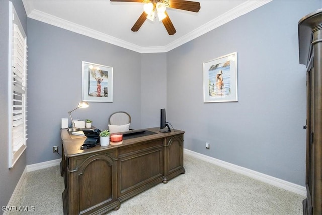 office featuring ornamental molding, light carpet, and ceiling fan