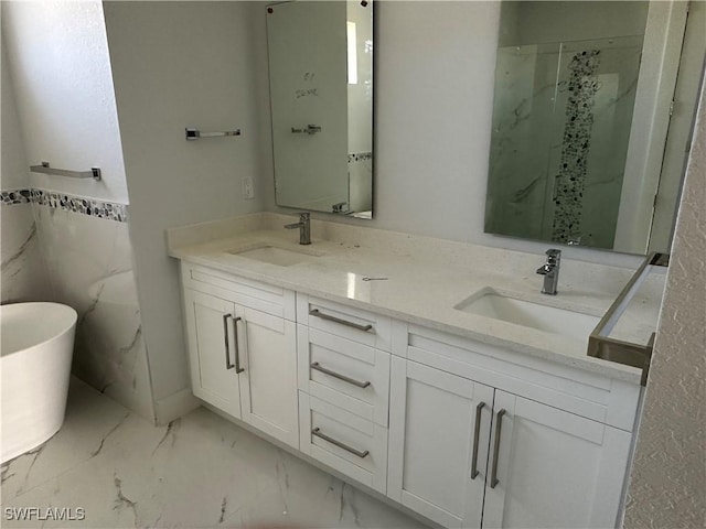 bathroom with vanity, plus walk in shower, and tile walls