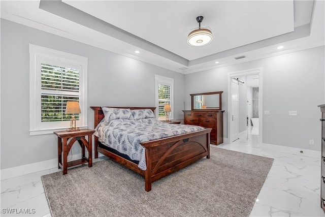 bedroom with a tray ceiling and ornamental molding