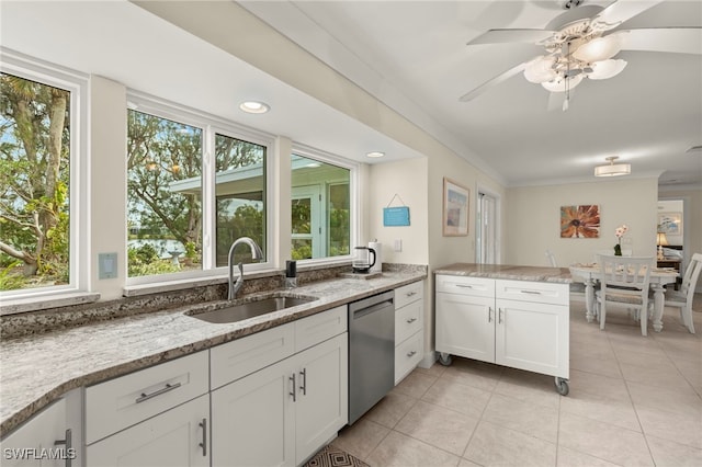 kitchen featuring kitchen peninsula, sink, white cabinets, and stainless steel dishwasher