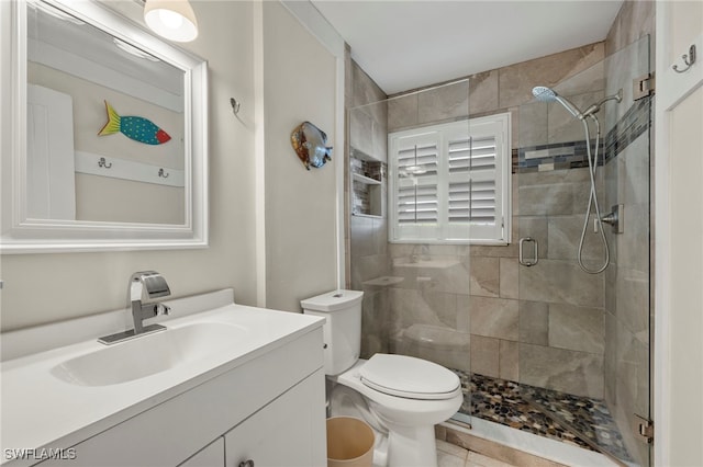 bathroom with vanity, toilet, and walk in shower