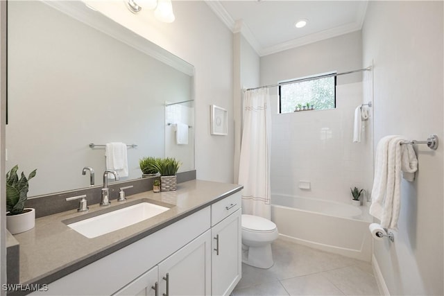 full bathroom with toilet, tile patterned flooring, shower / bath combination with curtain, ornamental molding, and vanity