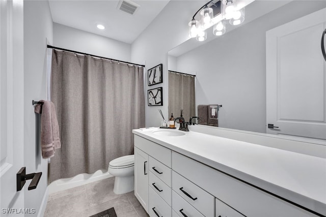 full bathroom with tile patterned flooring, visible vents, toilet, and vanity